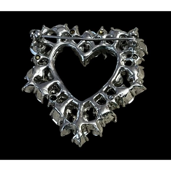 Vintage Crystal Rhinestone Silver-Tone & Roses Aurora Borealis Heart Brooch Pin - Picture 2 of 9